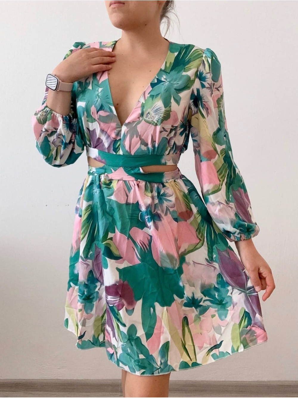 Floral V-Neck Cutout Mini Dress in Teal & Pink/Gold Shimmers
